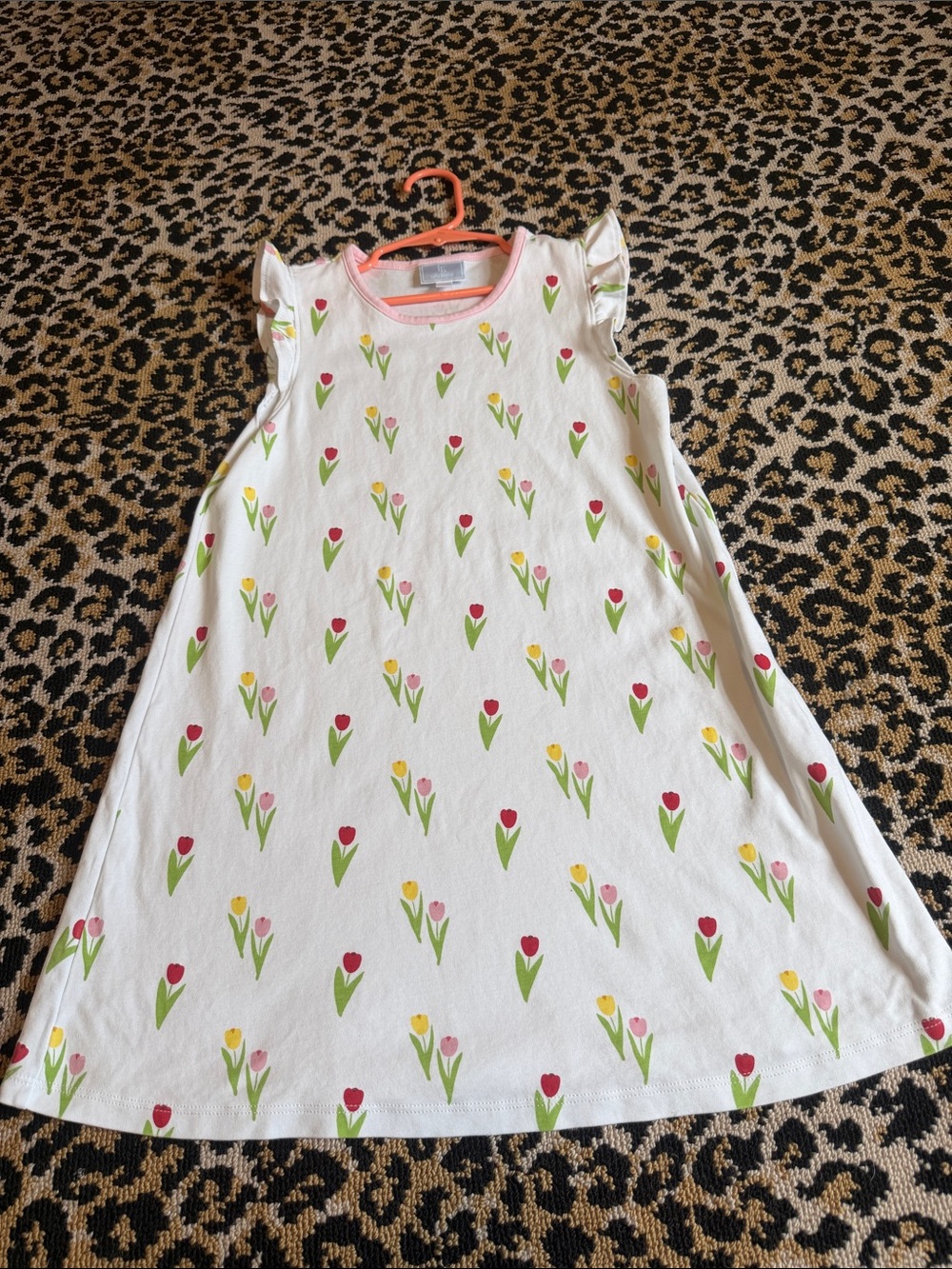 Little English White Cotton Dress with Red, Yellow, Pink and Green Tulips, 10